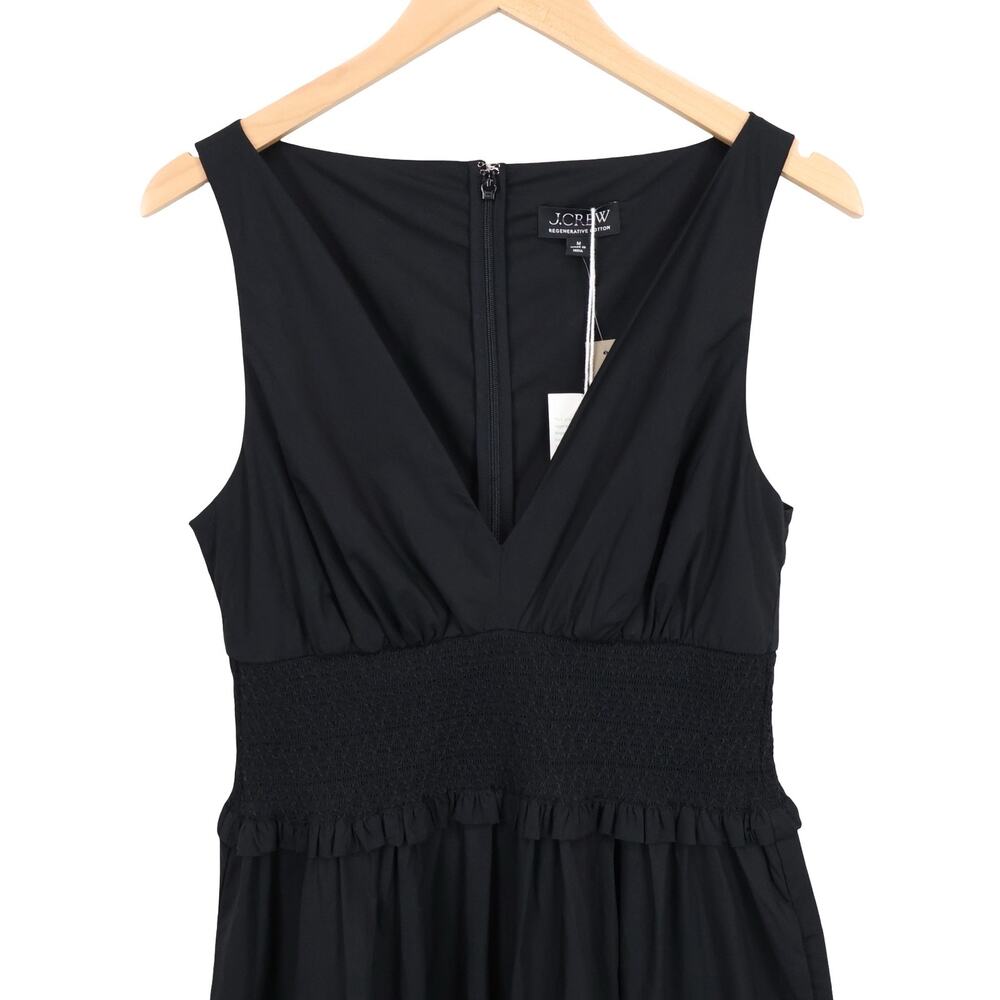 NWT J.Crew Plunge Smocked Waist 100% Cotton Poplin Midi Dress Black Size Medium - Picture 4 of 8